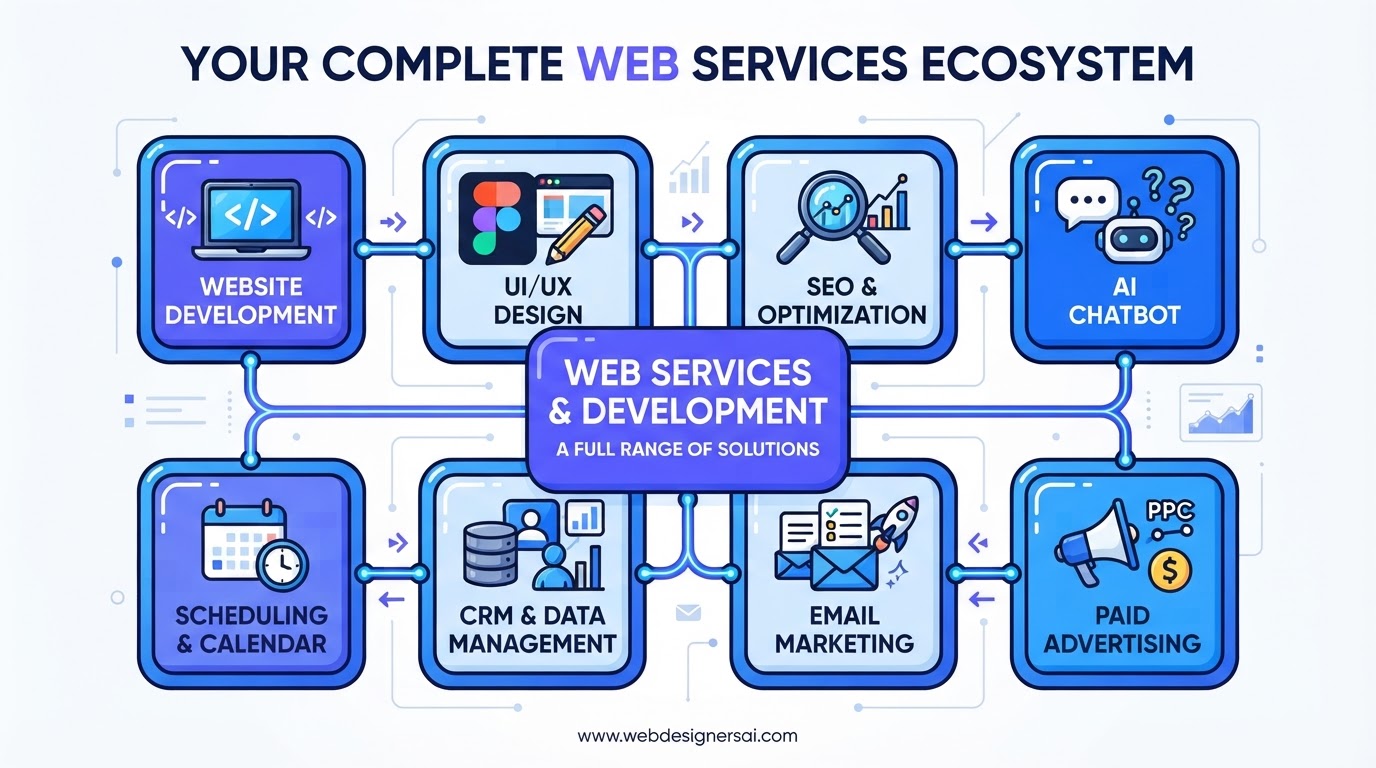 Cartoon overview of all website developer services offered by SITEBOW in NYC