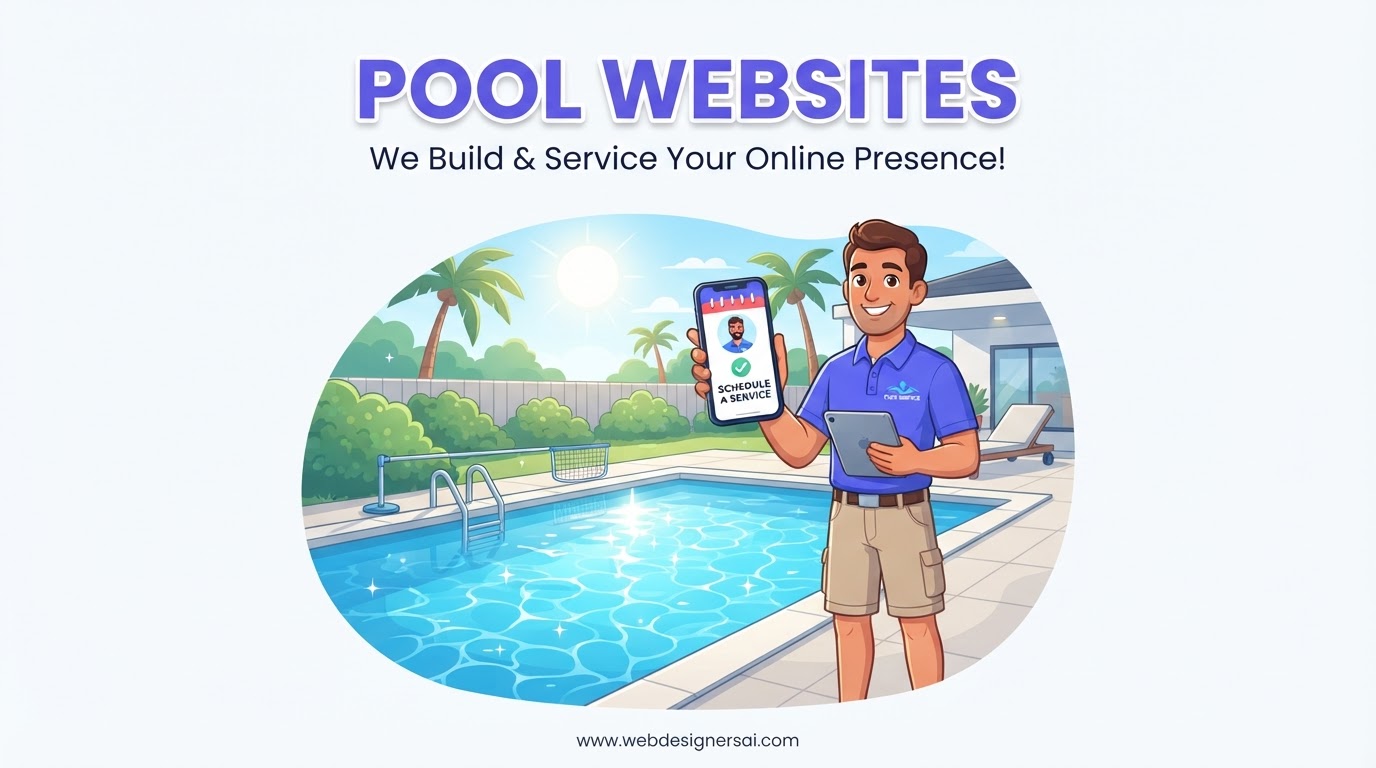 Cartoon illustration of Pool Builders / Pool Services website development by Web Designers AI