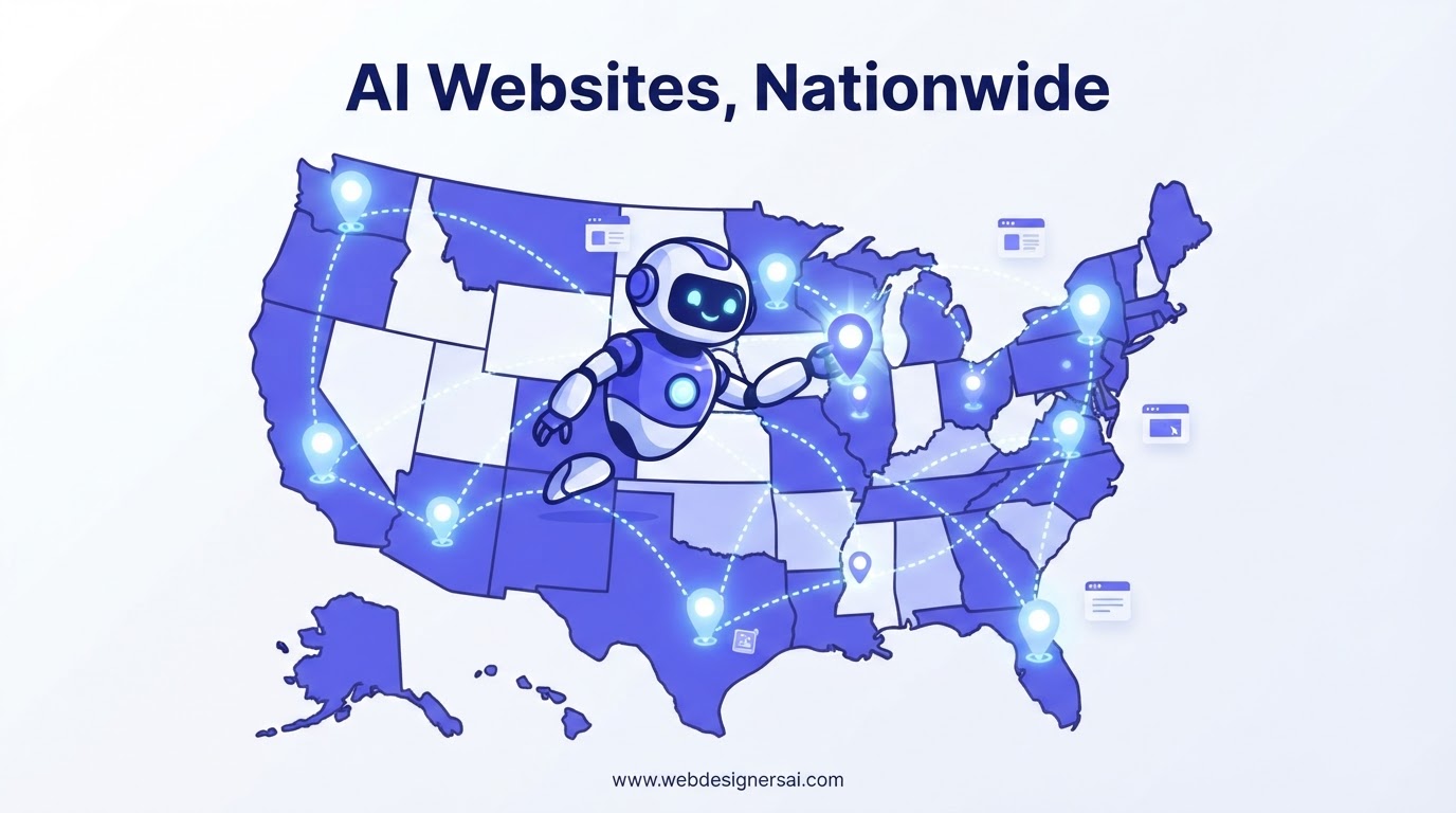 Cartoon map of the areas Web Designers AI serves with AI-powered website location pins
