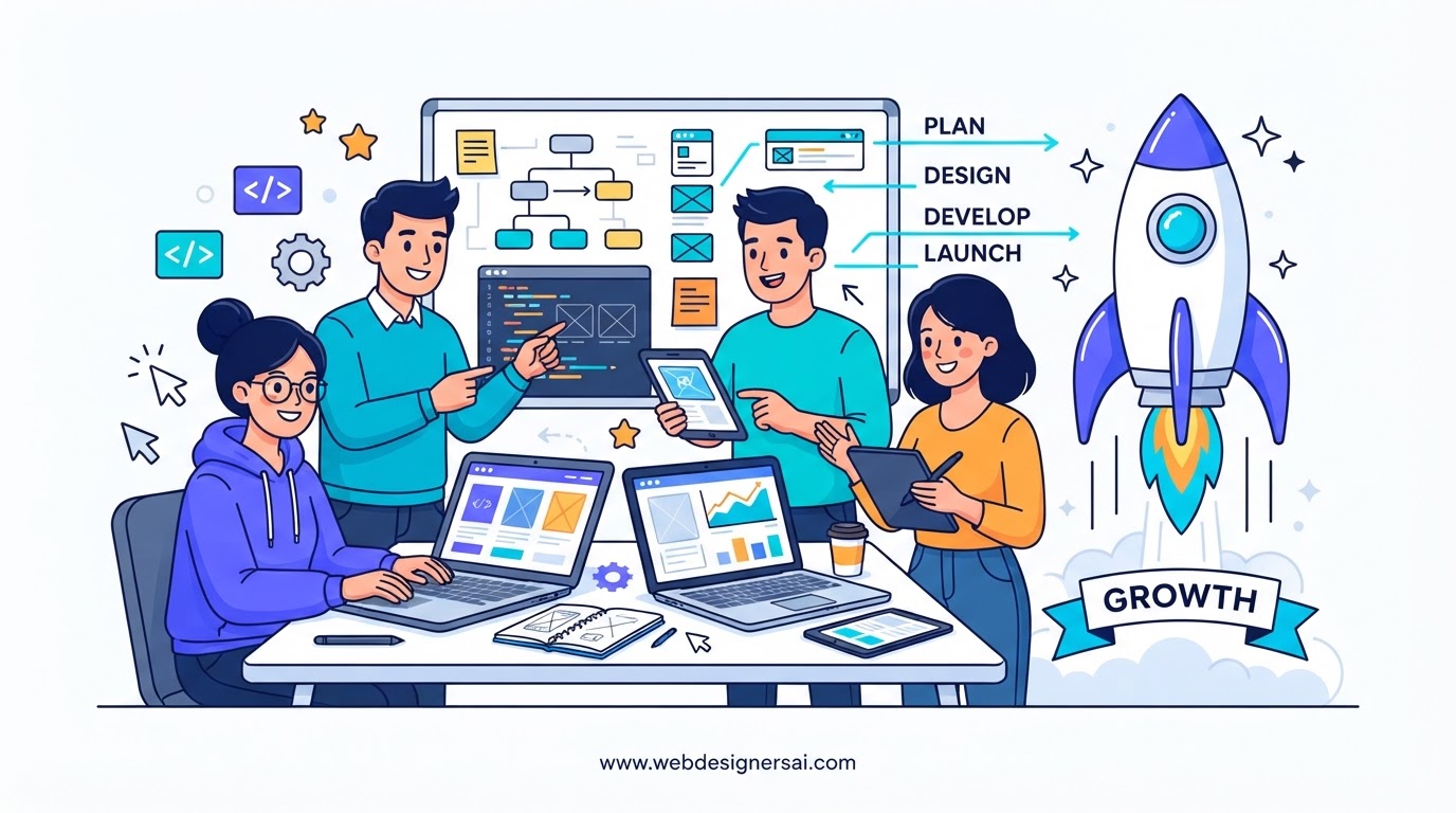 Cartoon illustration of the SITEBOW web developer team with 20+ years experience in New York City