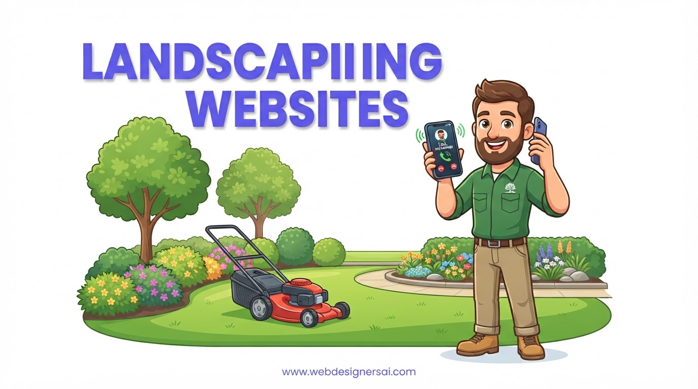 Cartoon illustration of Landscaping / Lawn Care website development by Web Designers AI