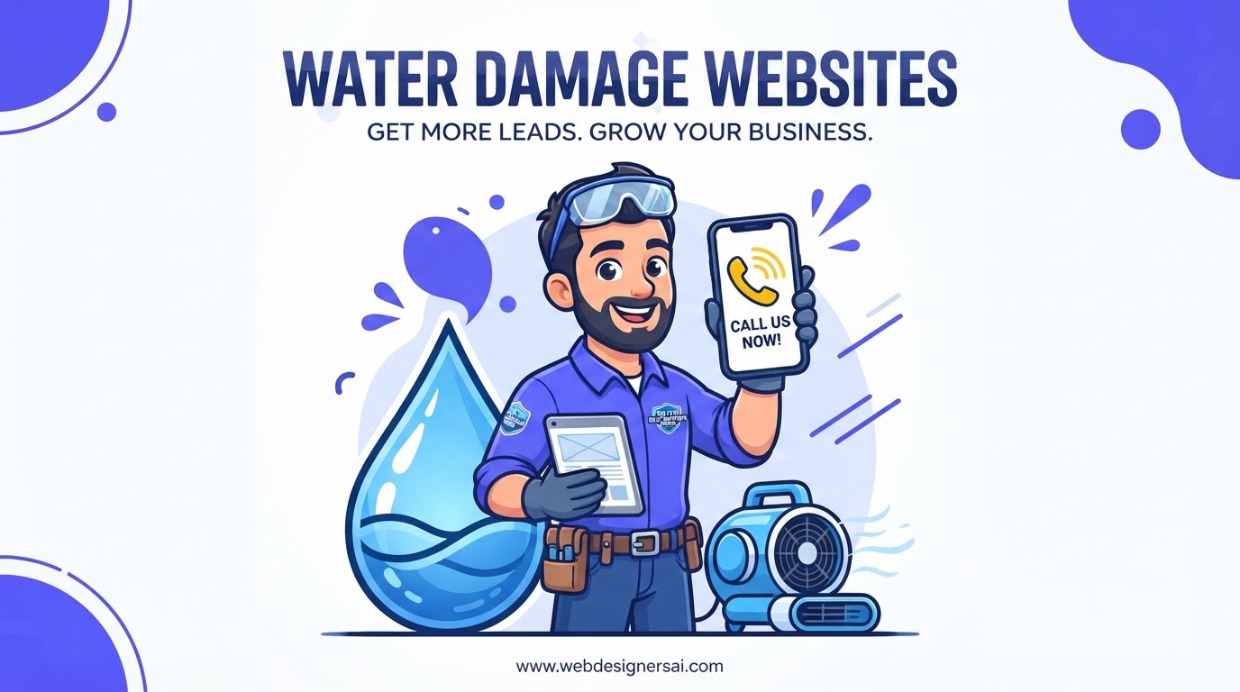 Cartoon illustration of Water Damage / Restoration website development by Web Designers AI