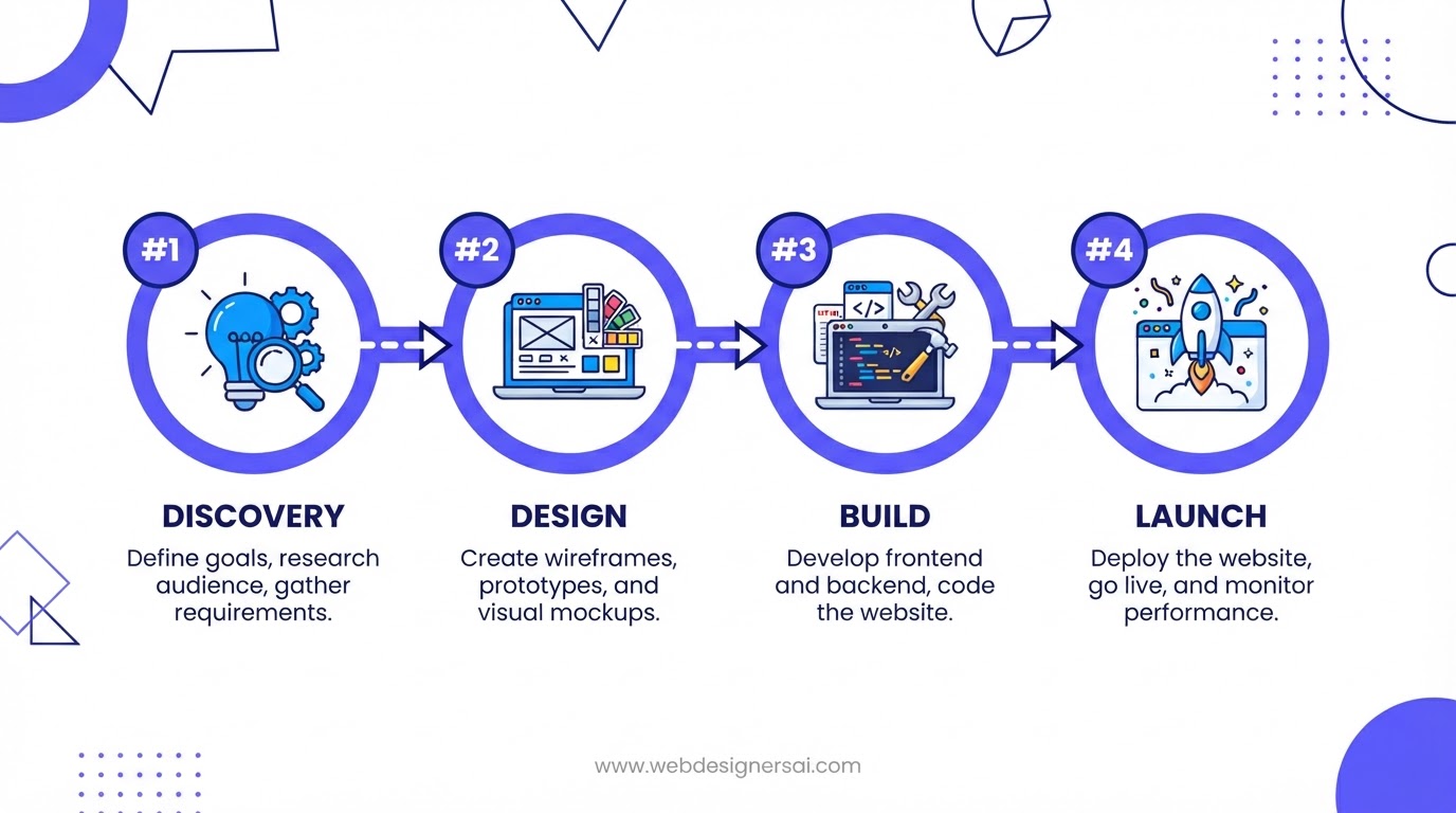 Cartoon illustration of the Web Designers AI website development process: discovery, design, build, launch