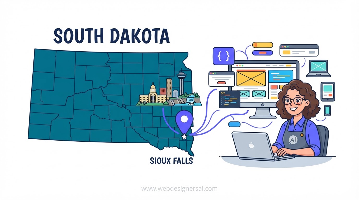 Cartoon illustration of website development in South Dakota