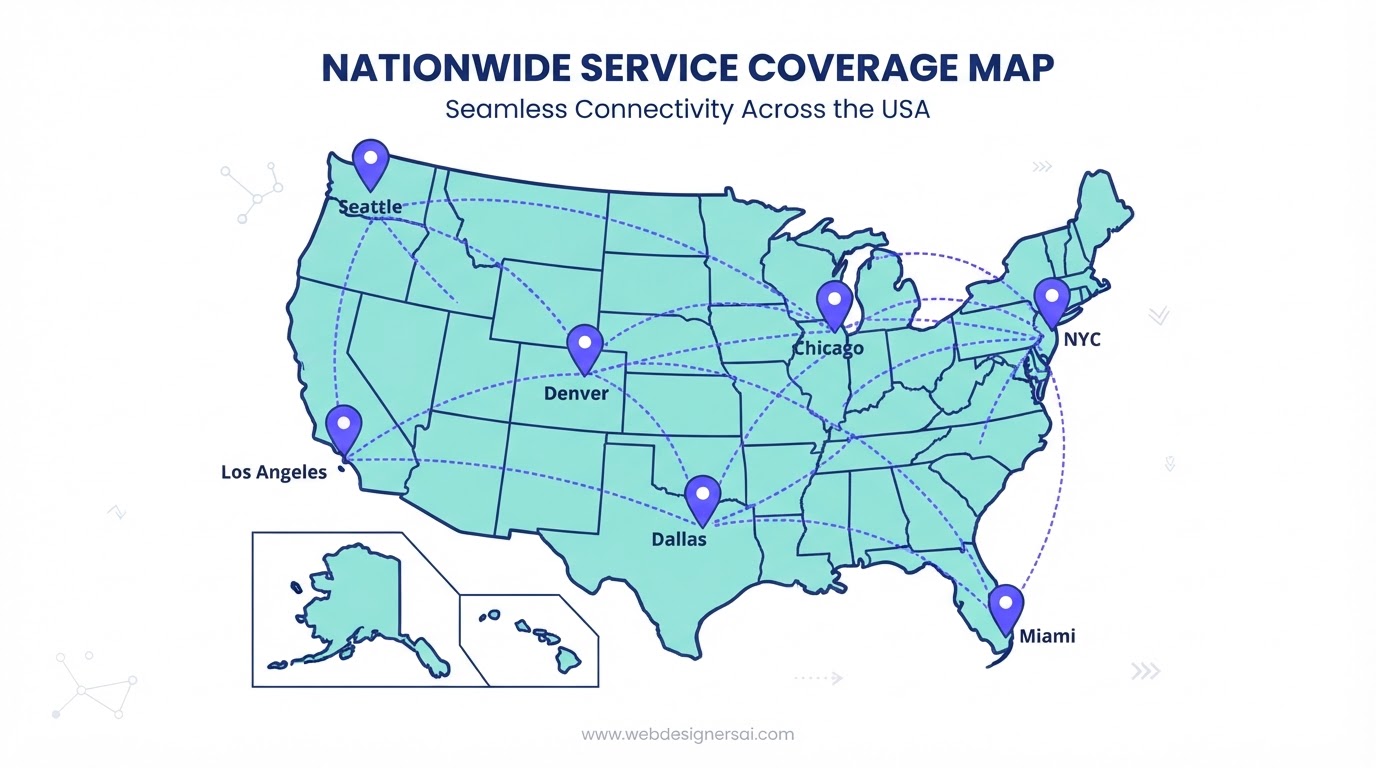 Cartoon map of the United States showing where Web Designers AI builds websites