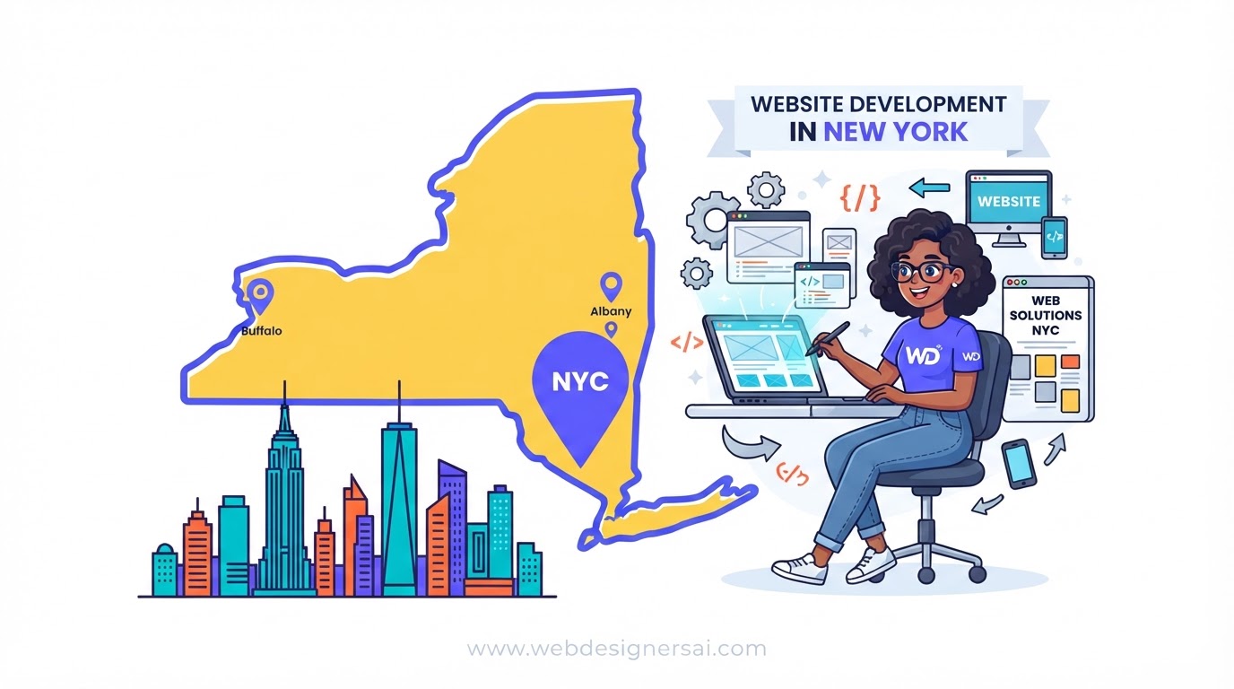 Cartoon illustration of website development in New York