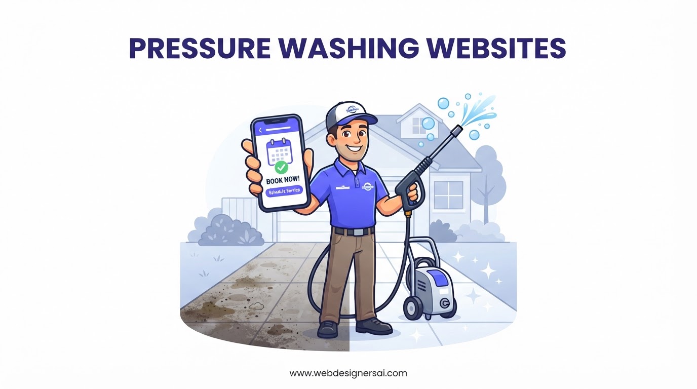 Cartoon illustration of Pressure Washing website development by Web Designers AI
