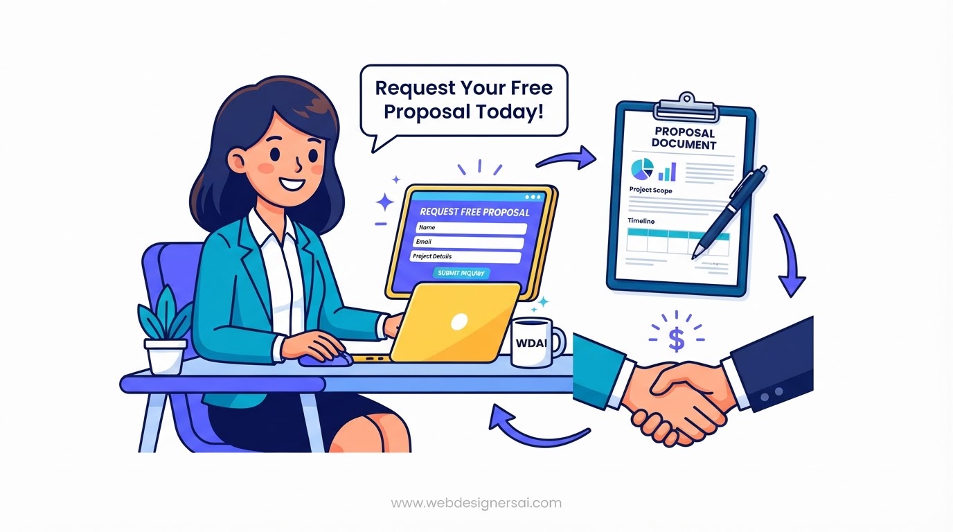 Cartoon illustration of requesting a free website developer proposal from SITEBOW