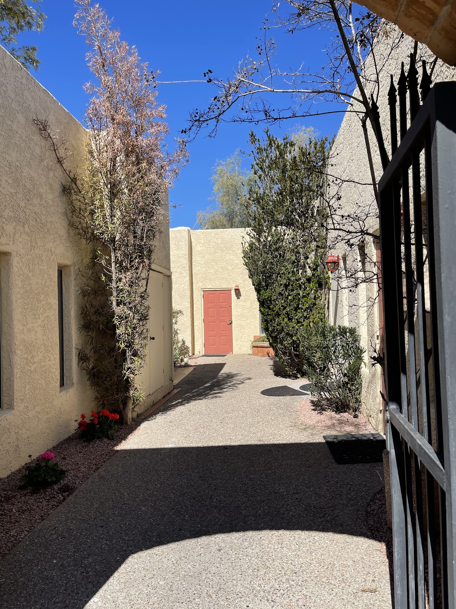Courtyard walkway with iron gate leading directly to the dental office entrance