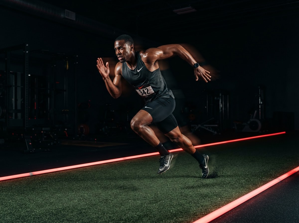 Athlete sprinting on the indoor performance turf at APEX Training Lab