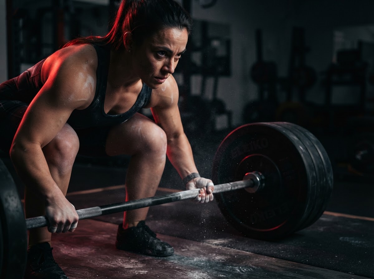 Loaded barbell on an Olympic platform during a strength training session