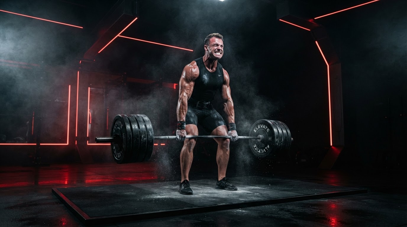 An athlete setting up a heavy deadlift in a dark, red-lit strength room at APEX Training Lab