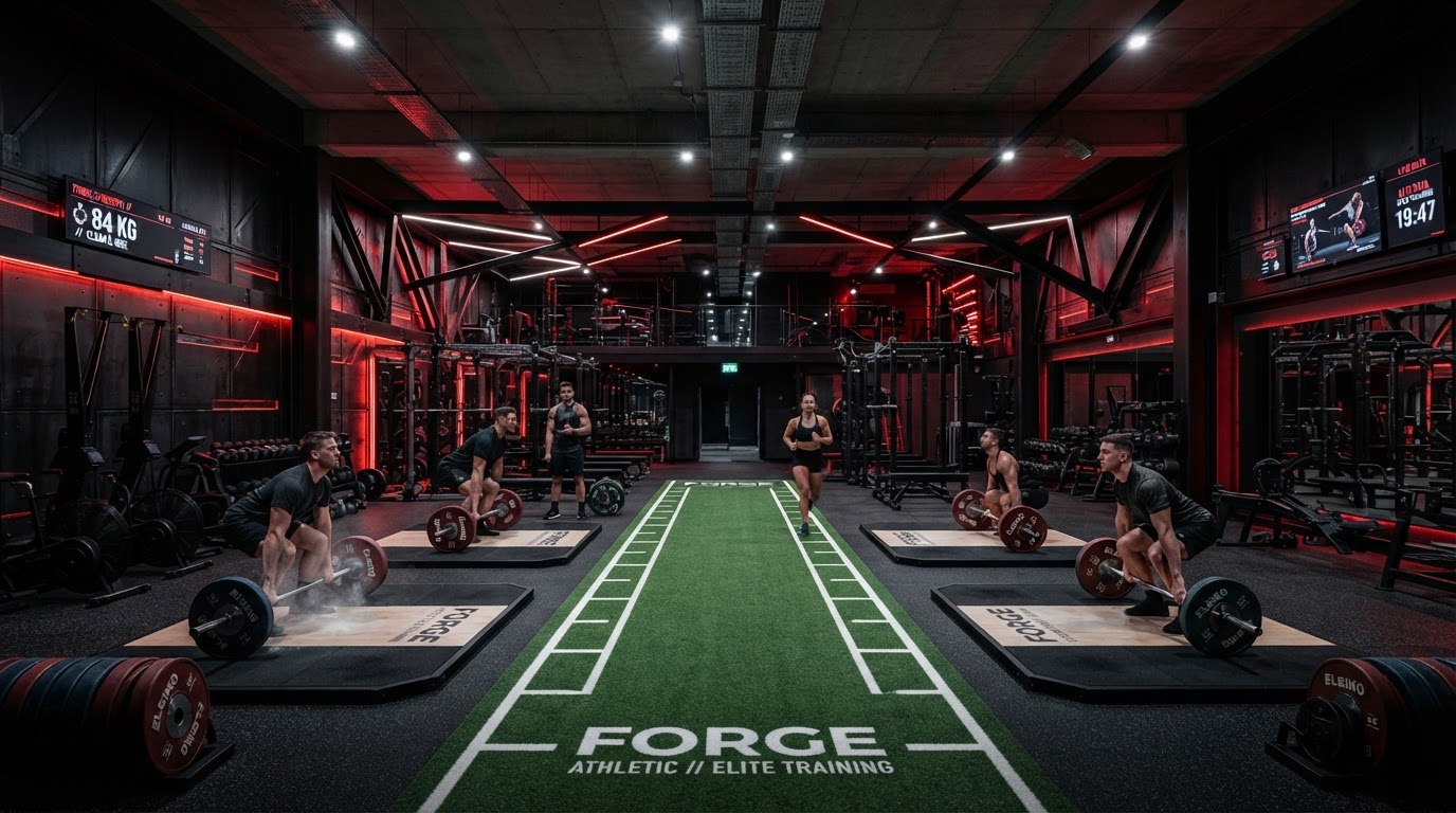 APEX Training Lab strength and conditioning floor with Olympic platforms and coaching