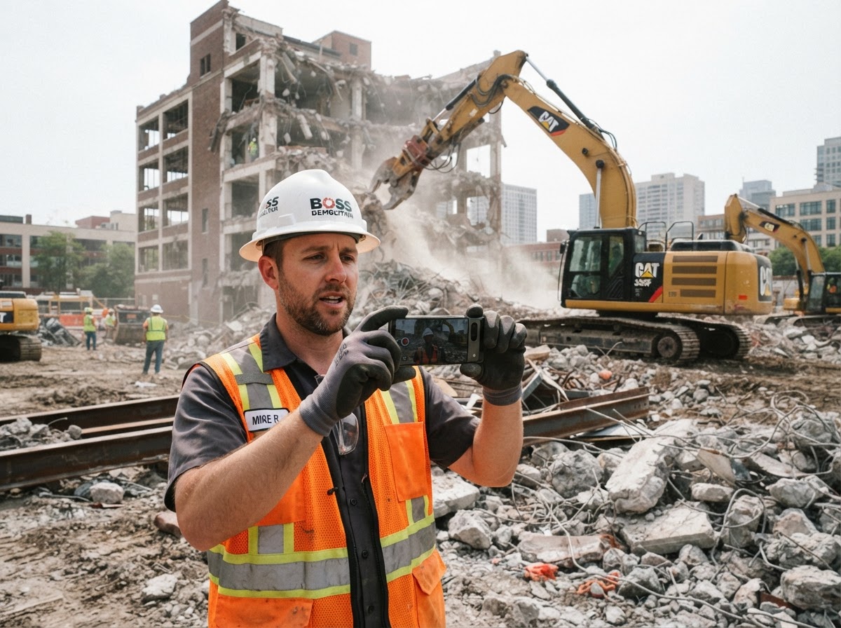 Demolition contractor filming authentic phone video content on a job site