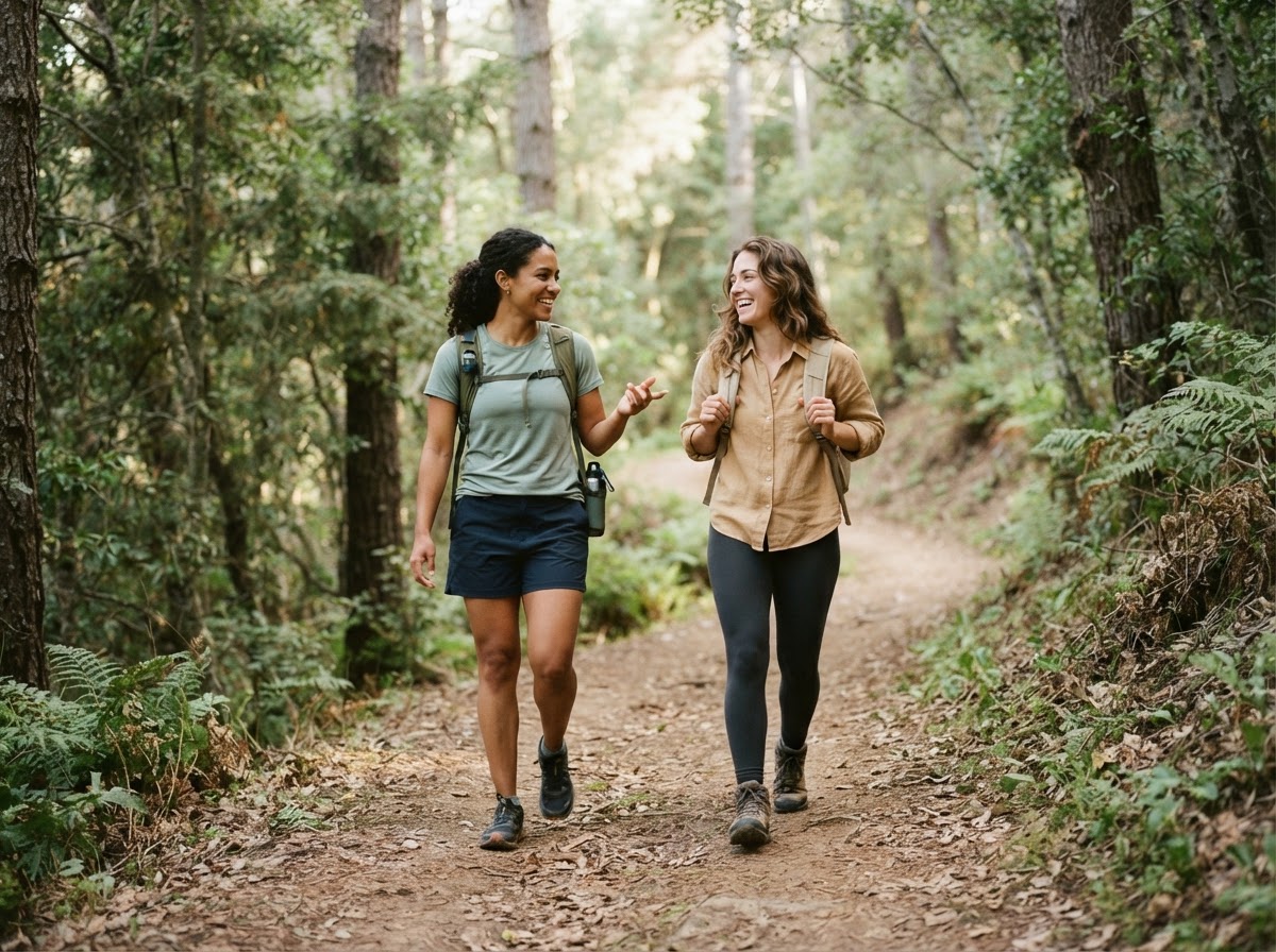 Two friends hiking on a gentle forested trail
