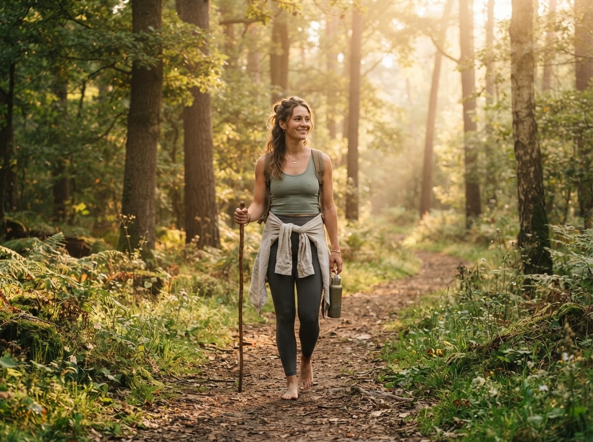 A person walking outdoors through a calm green landscape