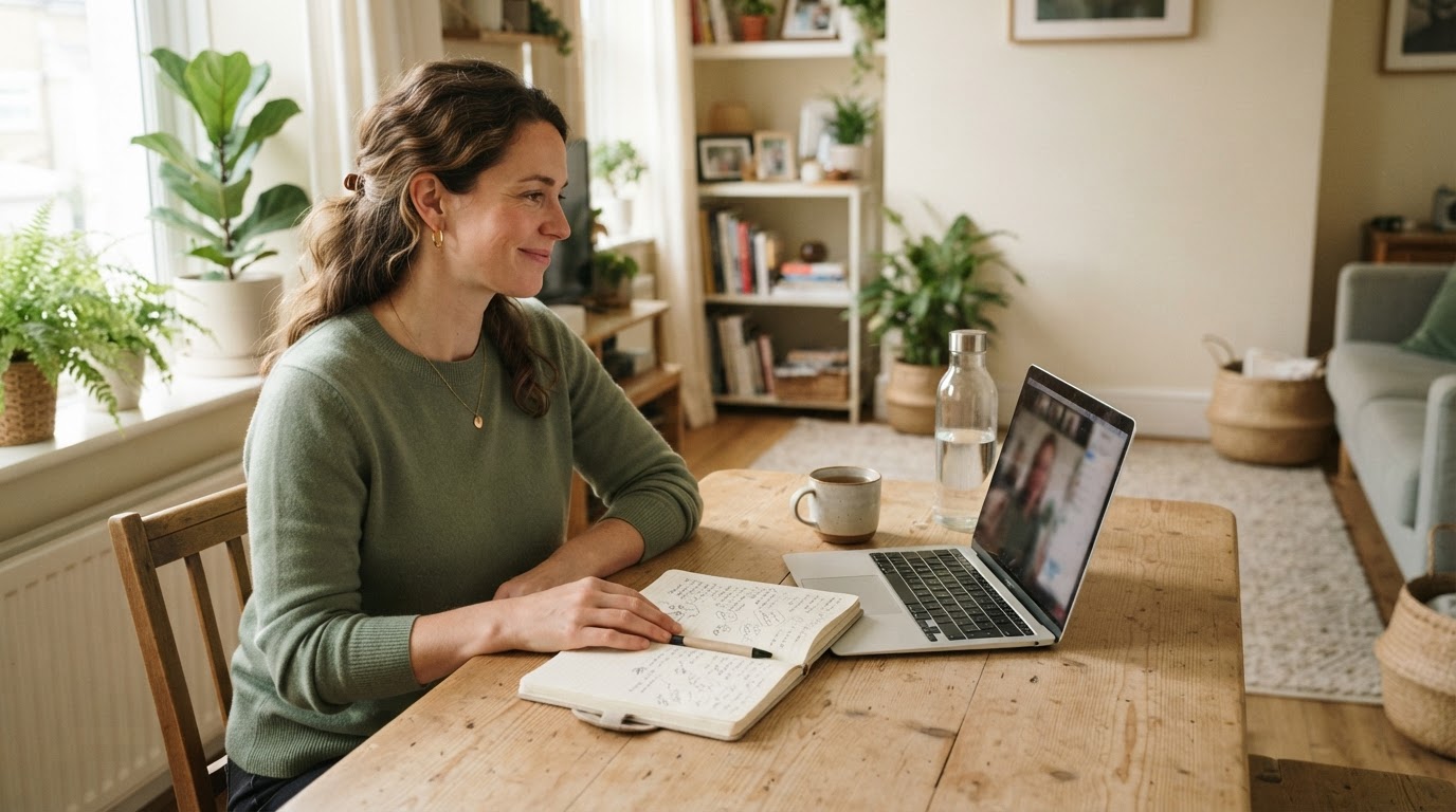 An adult at a light wooden home table with a notebook and laptop, preparing for a virtual coaching conversation in natural light