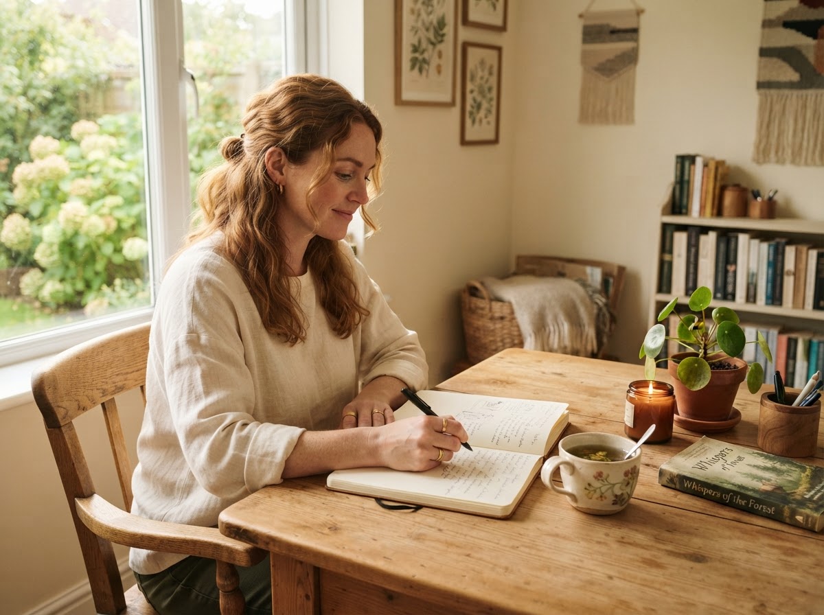 A quiet journaling and breathing break at a desk