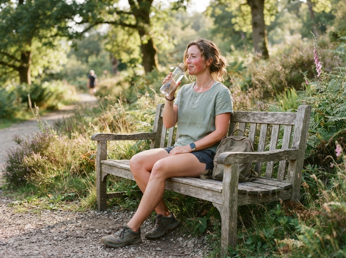 A person resting calmly on a bench outdoors