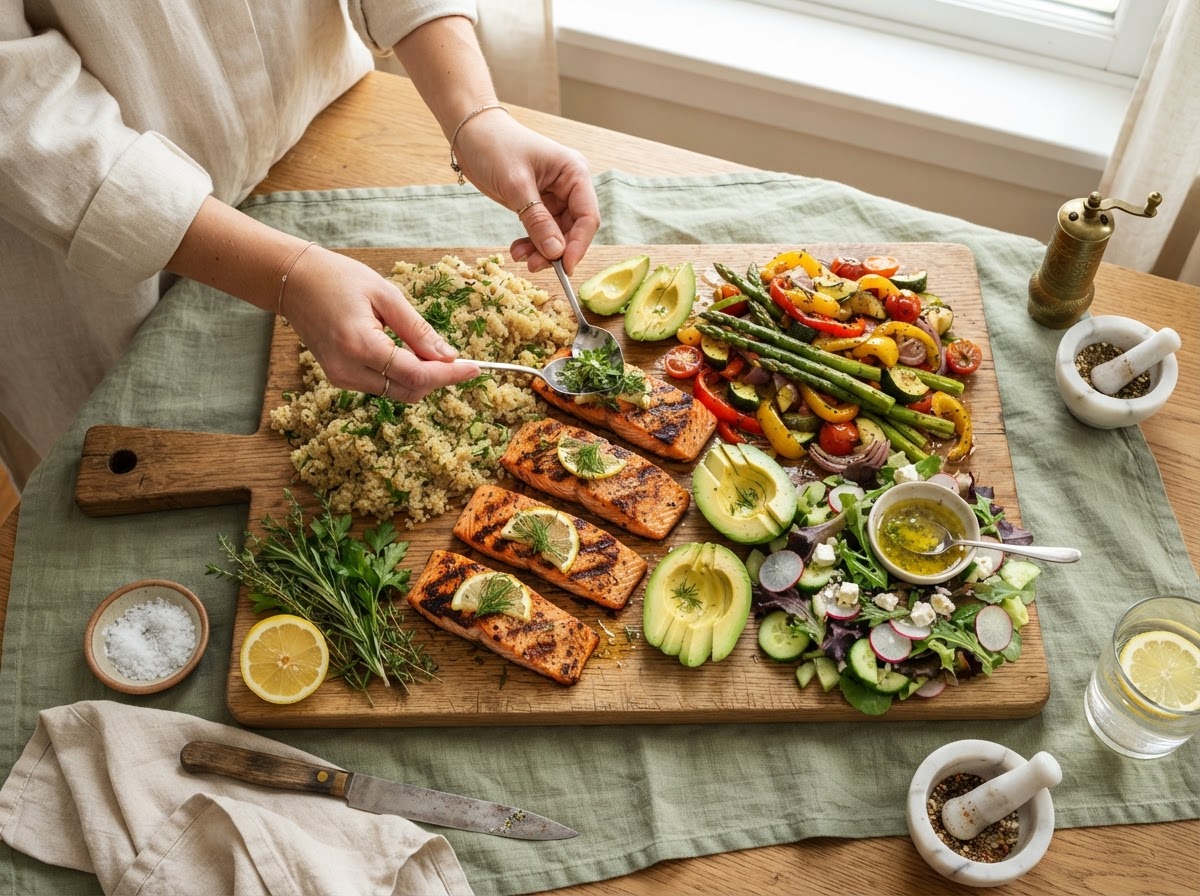 Hands preparing a balanced meal with fresh vegetables