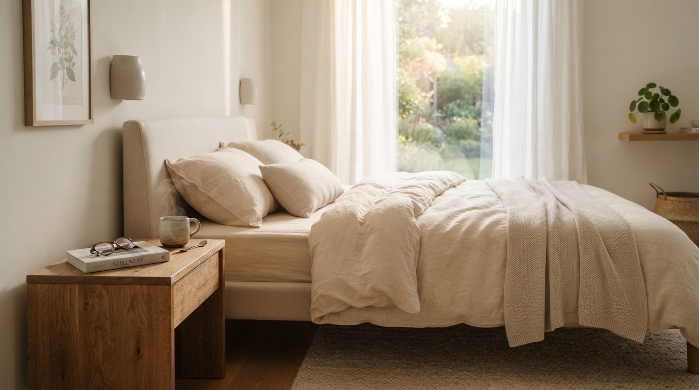 A calm, warm bedroom in soft morning light