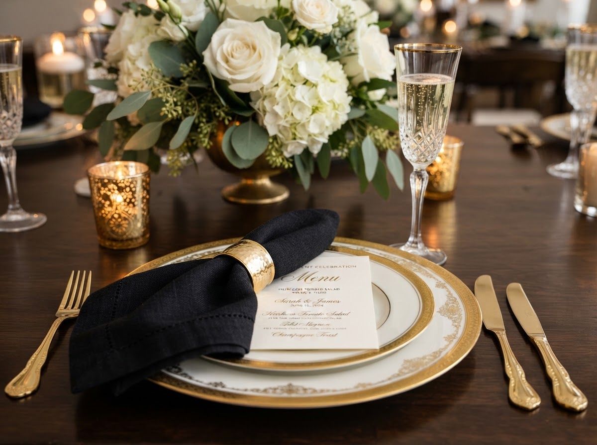 Detailed place setting with gold-rimmed plates