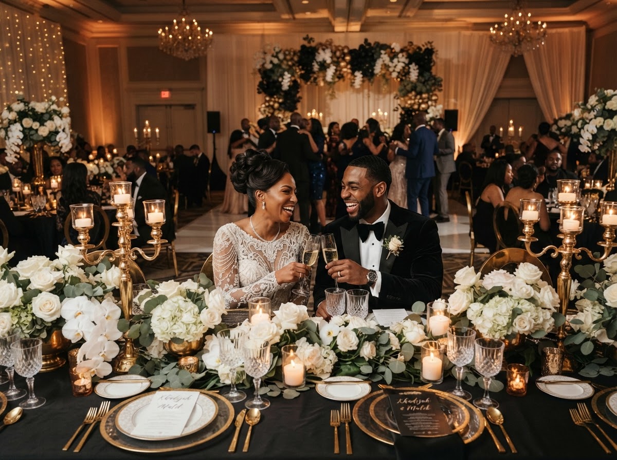 Luxurious wedding reception with an elegant Black couple, styled tablescape with florals, gold candelabras and candlelight