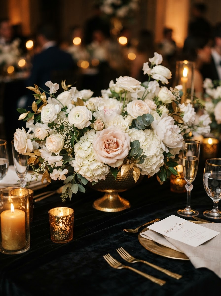 Close-up of a floral centerpiece with gold accents
