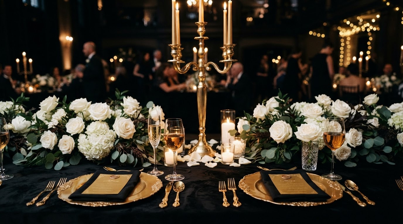 Elegant black and gold event tablescape styled by REF Rentals & Events