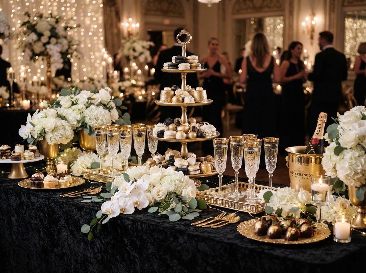 Elegant dessert and champagne table styling