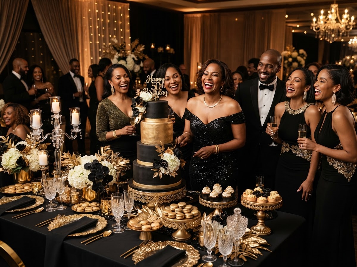 Sophisticated milestone birthday celebration with elegant Black guests around a styled cake table with gold accents