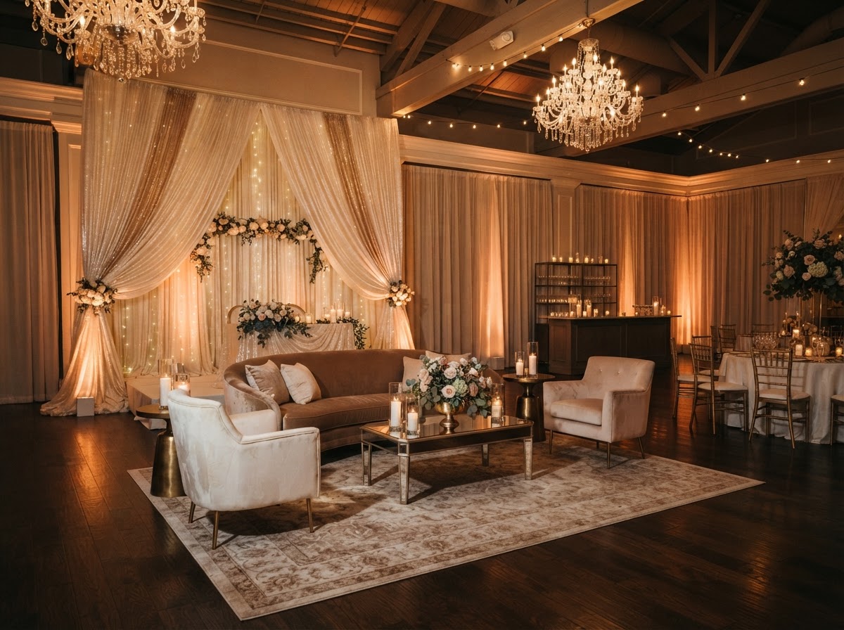 Styled lounge area with draped ivory and gold backdrop
