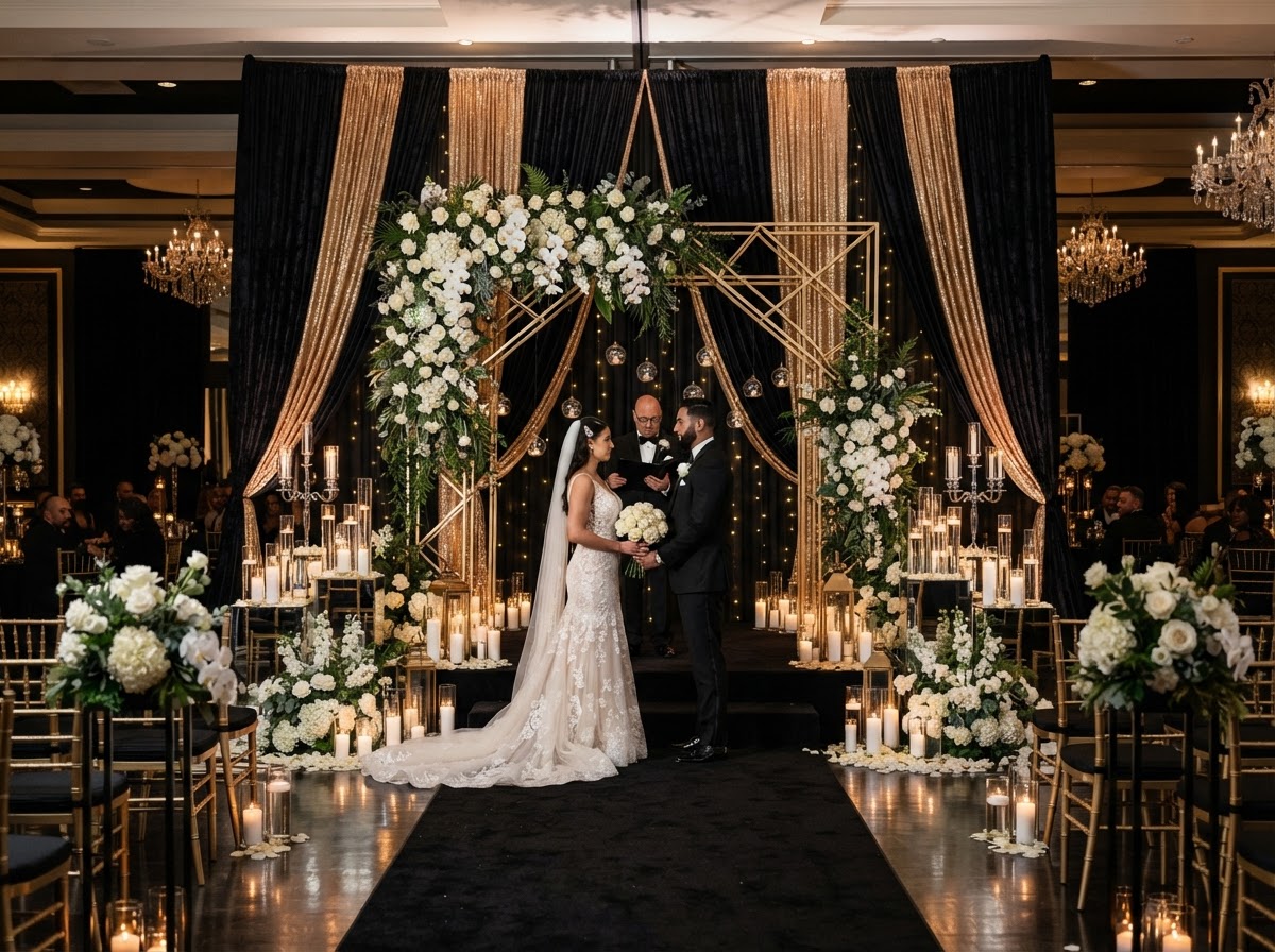 Black and gold ceremony backdrop with floral arch
