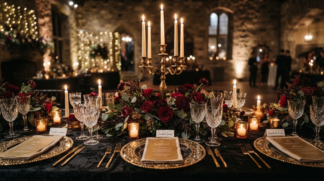 Intimate candlelit tablescape with gold candelabras