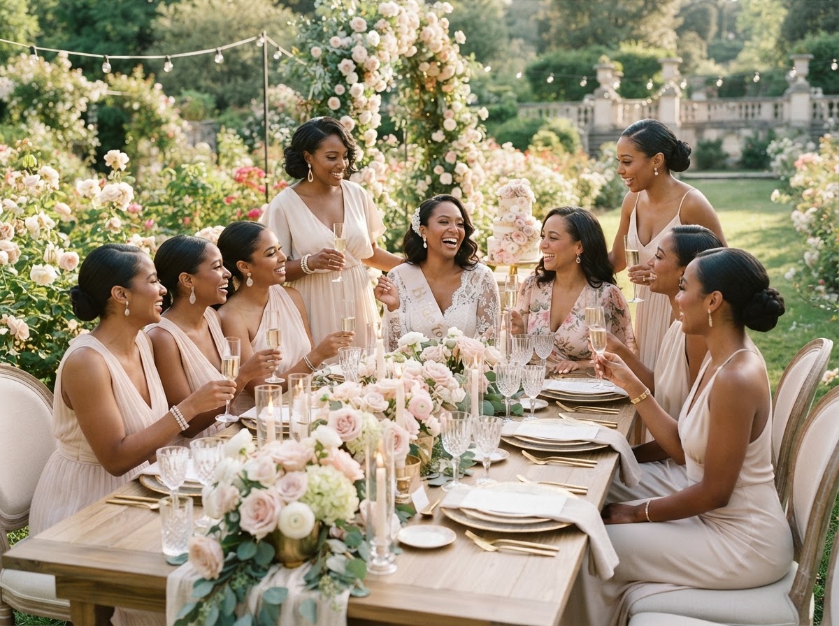 Luxurious bridal shower with elegant Black women gathered around a styled garden table with blush florals and gold-rimmed plates