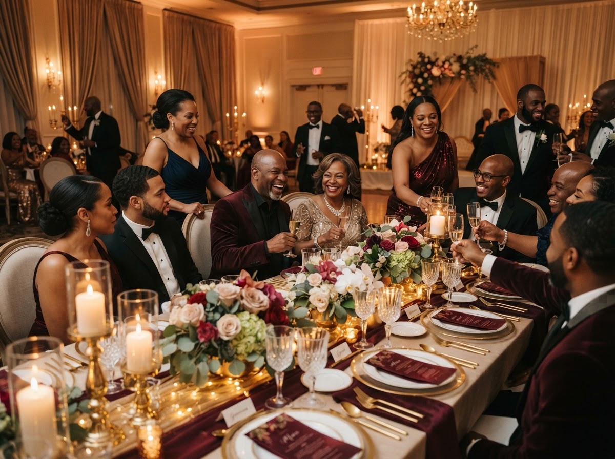 Warm retirement celebration dinner with elegant Black guests, burgundy and gold accents, gold candelabras and candlelight