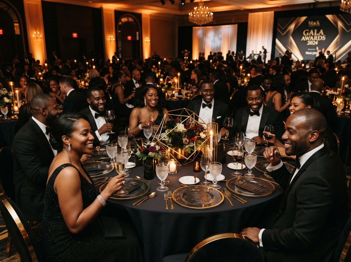 Sleek corporate gala dinner with elegant Black professionals at a styled table with geometric gold centerpieces and amber uplighting