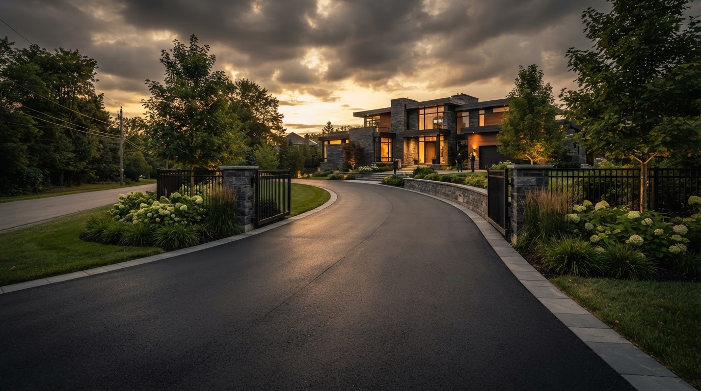 Newly paved asphalt driveway at a luxury residence