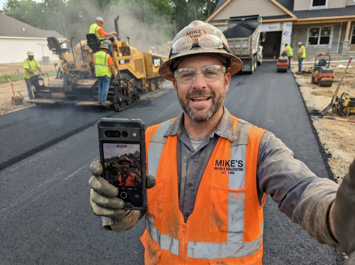 Paving contractor filming authentic phone video content on an asphalt job site