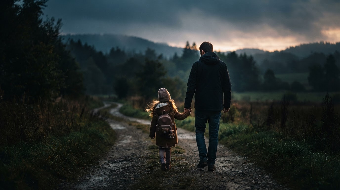 Father walking hand-in-hand with his daughter at dusk