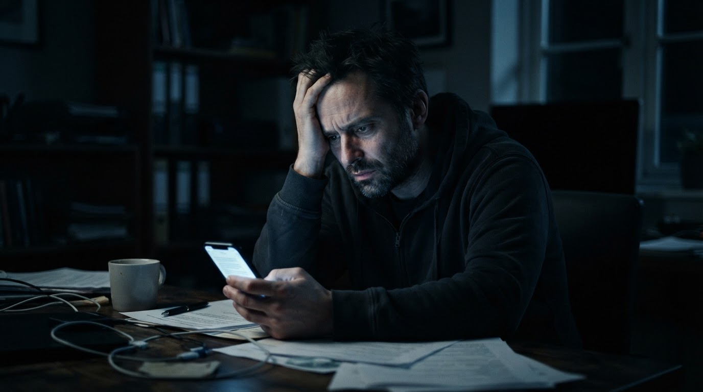Father reading a hostile custody message alone at night
