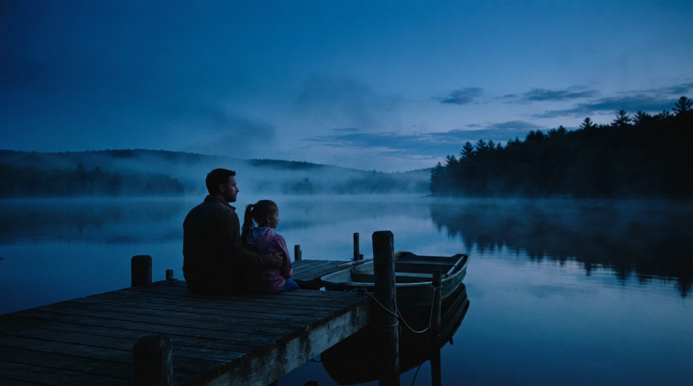 Father and daughter sitting together on a dock at blue hour