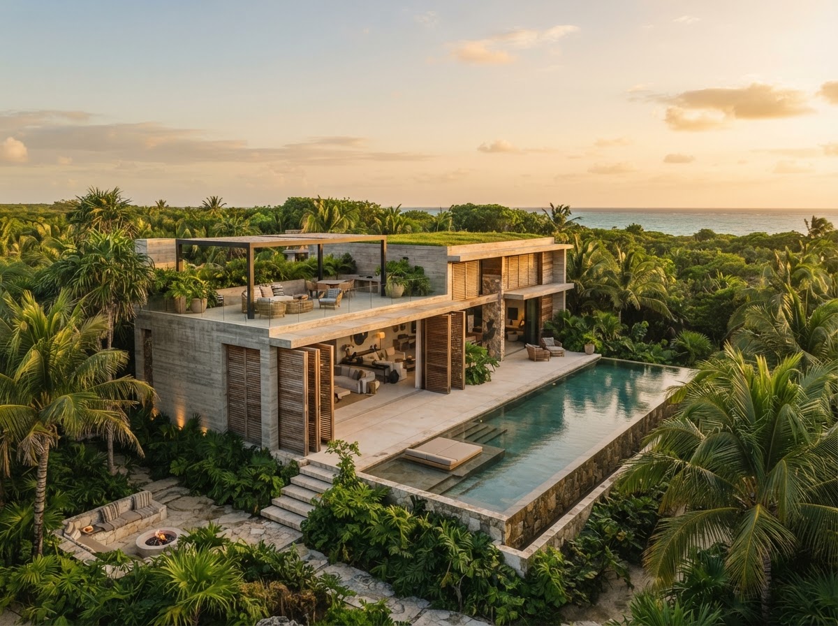 Arquitectura ecoresidencial contemporánea en Tulum al atardecer