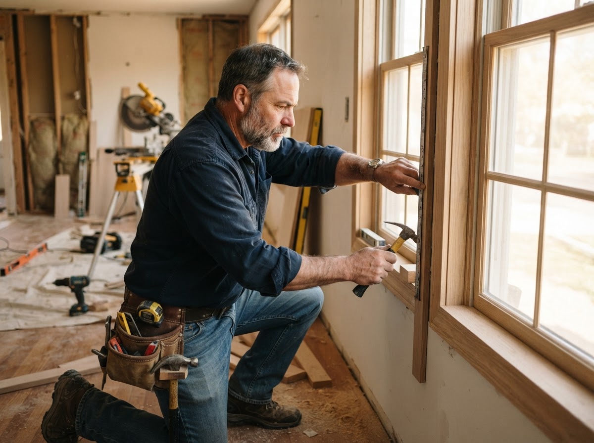 Carpenter installing wood trim during a home remodel