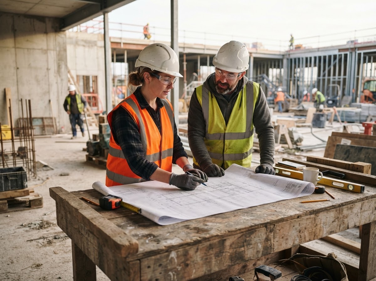 Two tradespeople reviewing blueprints together at a workbench
