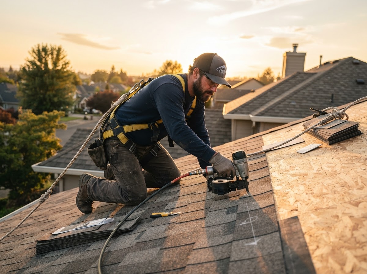 Roofer installing shingles on a residential roof at golden hour