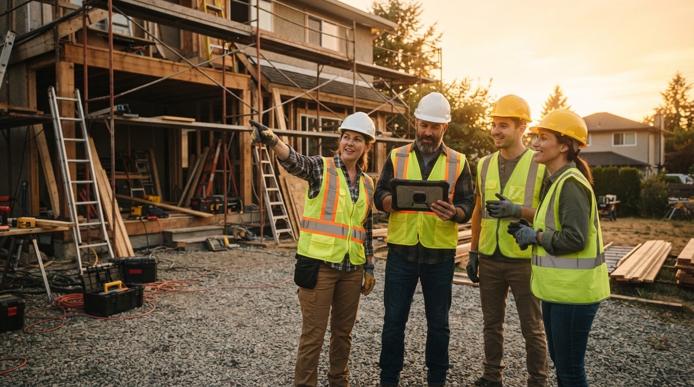 Contractors collaborating on a residential construction site at golden hour