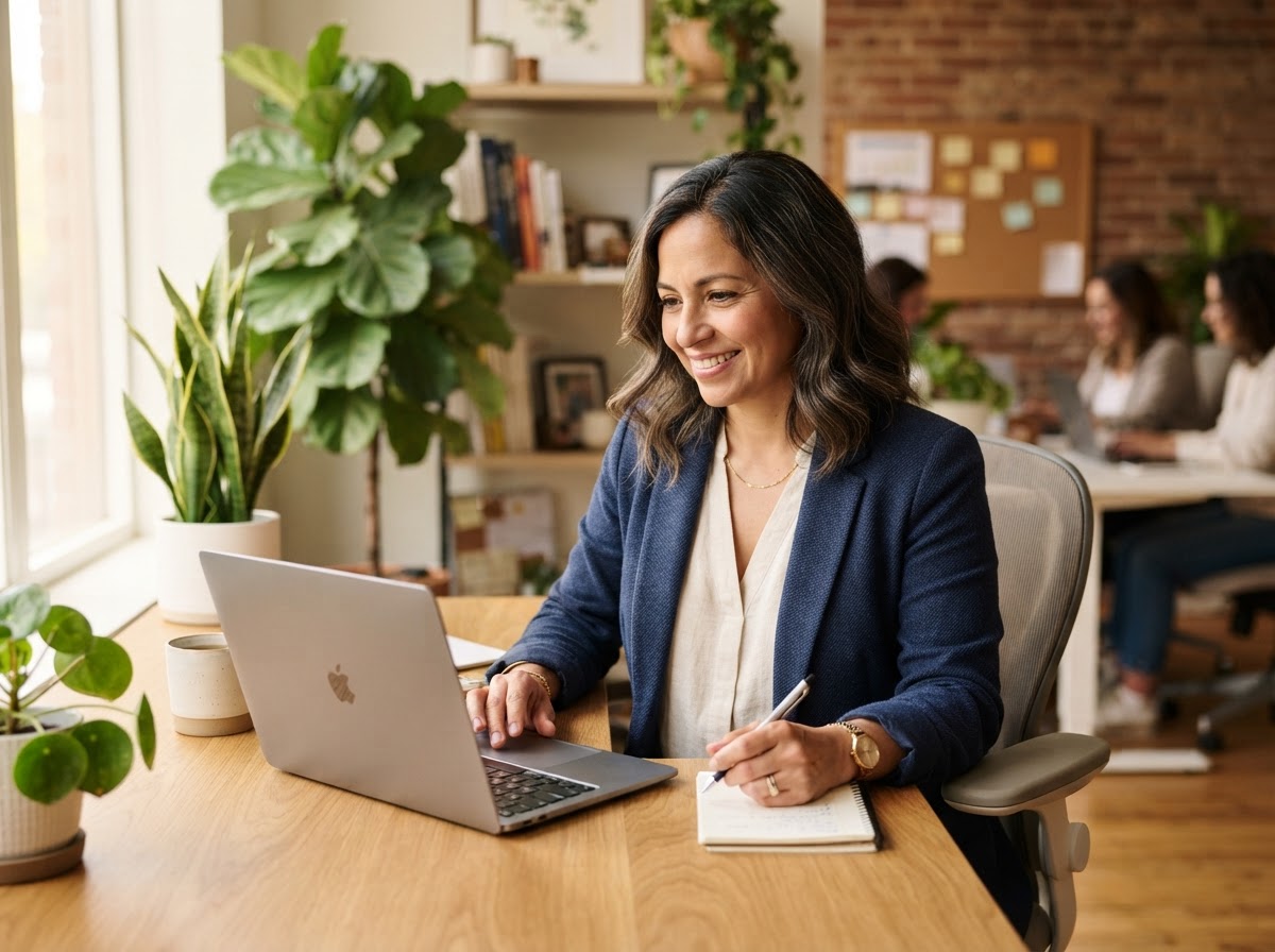 A small business owner reviews customer messages on her laptop in a modern local business office.