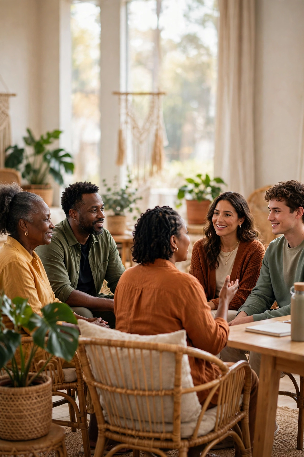 A diverse group of community members seated in a warm, sunlit circle engaged in supportive conversation.