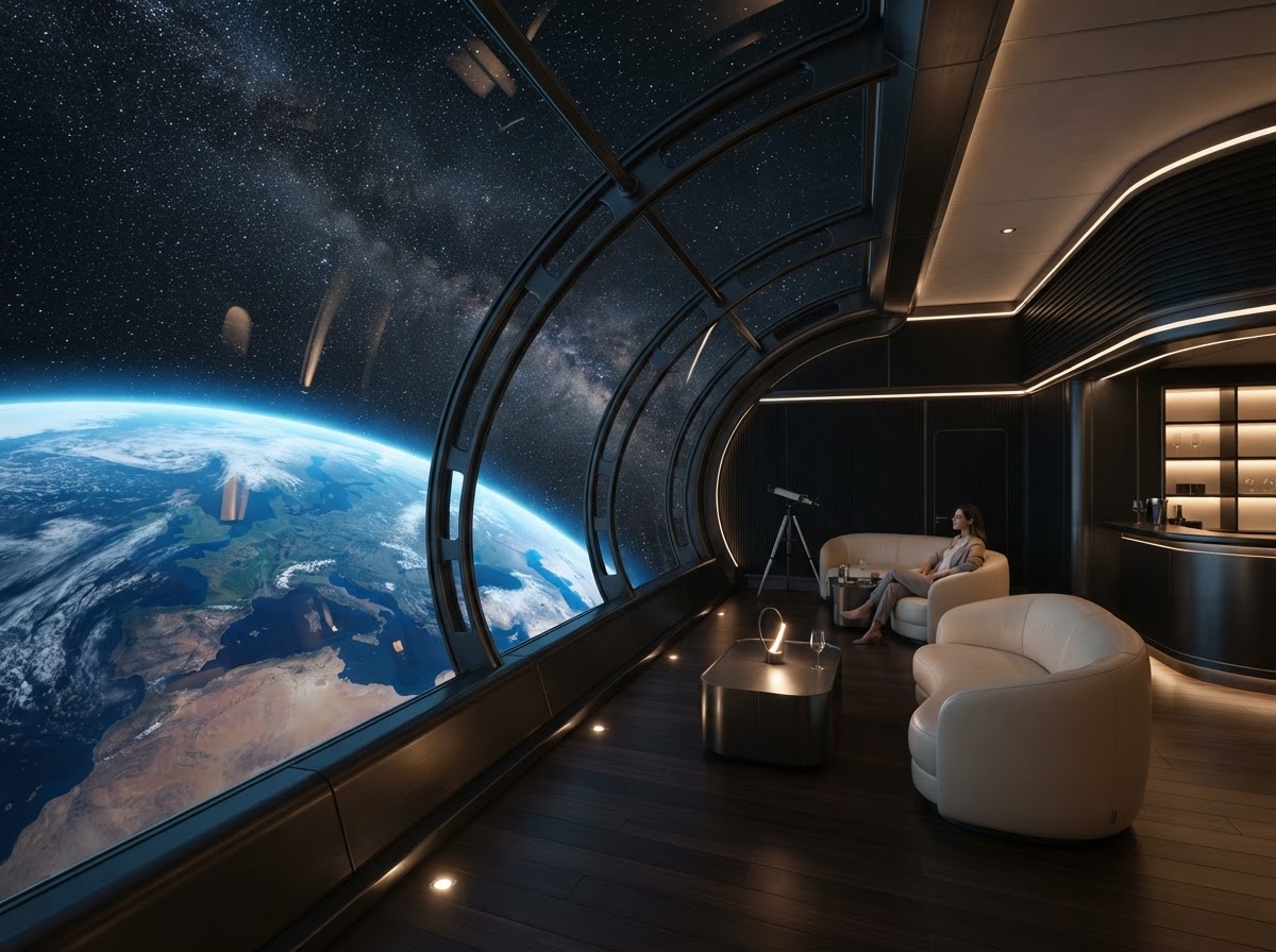 A private observation lounge with a curved window full of stars and Earth's edge